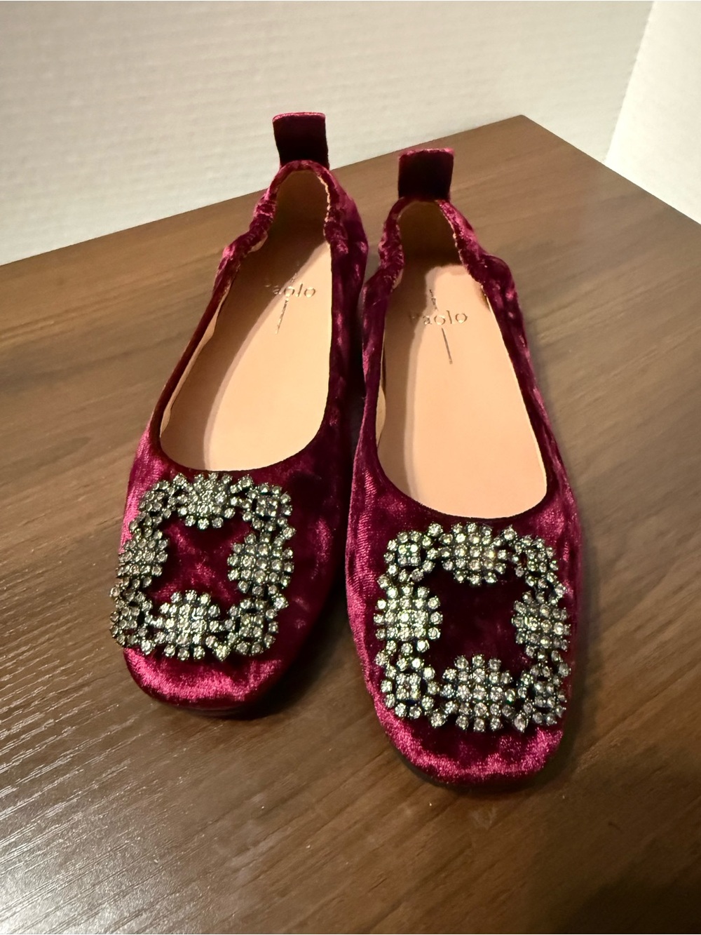 Linea Paolo Burgundy Velvet Ballet Flats with Crystal Buckle Size 6